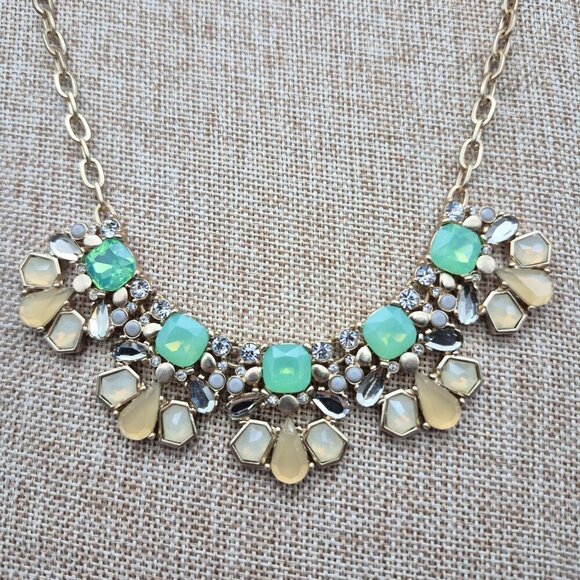 The Limited Statement Necklace Green Faux Stones Crystals & Gold Tone Chain 20" - Picture 3 of 8
